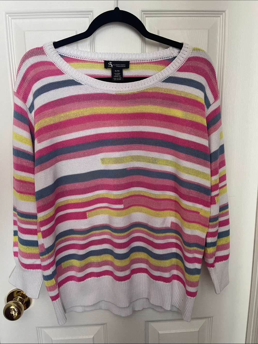 Striped Scoop Neck Sweater in White with Pink & Yellow Accents